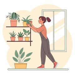 A woman tending to potted plants on a shelf near a window in a cozy indoor environment illustration