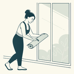 Woman in athletic wear unrolling a yoga mat near a window with a view of foliage outside the glass panes