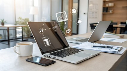 Office desk scene with laptop, tablet, coffee cup and floating digital icons representing invoice processing and task management
