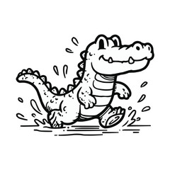 Obraz premium Cute Cartoon Alligator Running and Splashing Line Art