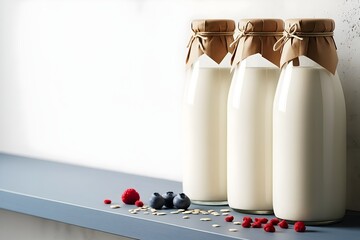 Artisanal Probiotic Milk Kefir in Glass Bottles with Fresh Berries and Copy Space
