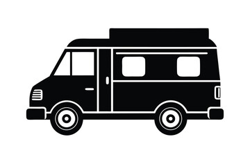 Black and White Illustration of a Camper Van for Travel and Adventure