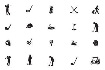 Golf sport silhouette vector icon set, collection of player, club, and equipment symbols