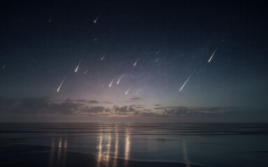Naklejka premium Meteor Shower Over Ocean – Night Sky Reflections