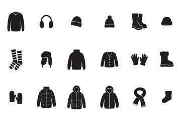 Winter clothing silhouette vector icon set, collection of cold weather apparel and accessory symbols