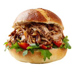 Delicious Pulled Pork Sandwich with Fresh Arugula and Cherry Tomatoes on a Bun