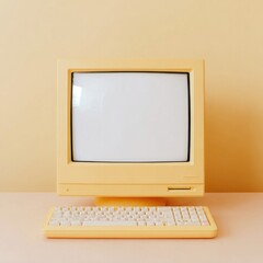 A vintage yellow computer monitor with a blank screen and matching keyboard on a pastel background. The design reflects retro minimalism and nostalgia.