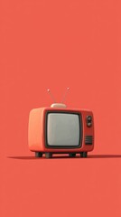 A vintage television set with a retro design sits against a bright red background. The TV has a rounded shape and two antennas, evoking nostalgia and minimalism.