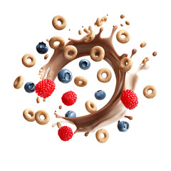 Dynamic Splash of Chocolate Milk with Cheerios, Blueberries, and Raspberries in Midair Motion