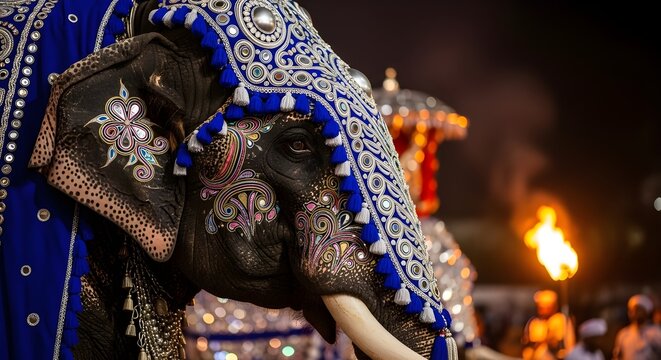 Royal Blue Elephant Close-Up in Kandy Dalada Perahera Parade
