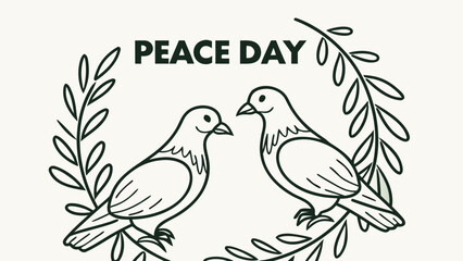 Fototapeta premium Two Doves of Peace: Elegant Line Art Illustration for Peace Day, Featuring a Serene Olive Branch Wreath, Symbolic of Harmony and Tranquility.