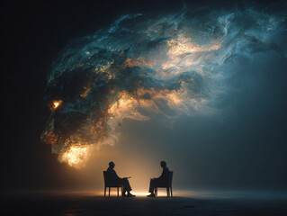 Two silhouetted figures sitting beneath a swirling cloud formation in a dark room
