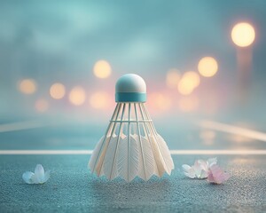 badminton shuttlecock in a moment of silence after a fierce match, empty court, moody evening lights, symbolic storytelling, high-res render