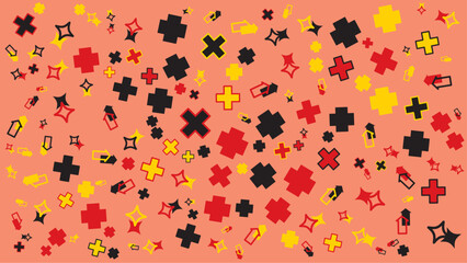 Pink background scattered with colorful plus signs and stars. Vector for abstract background, presentation, website, and creative poster.