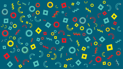 Teal background with colorful geometric shapes. Vector for abstract background, presentation, website, and creative poster.