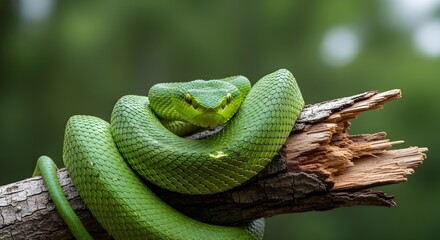 Green Tree Viper Snake Coiled on Branch Close-Up Photography