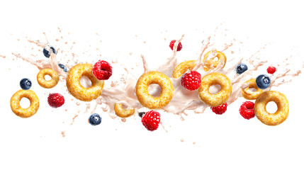 Dynamic Splash of Milk with Colorful Berries and Golden Cereal Rings in Mid-Air