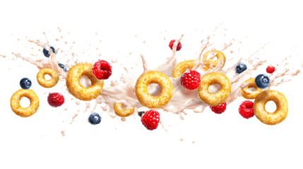 Dynamic Splash of Milk with Colorful Berries and Golden Cereal Rings in Mid-Air