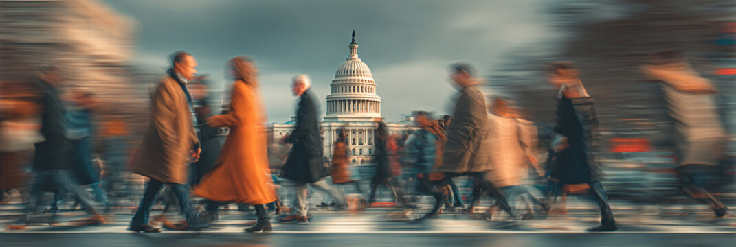 Blurred view of pedestrians crossing the street near the united states capitol building