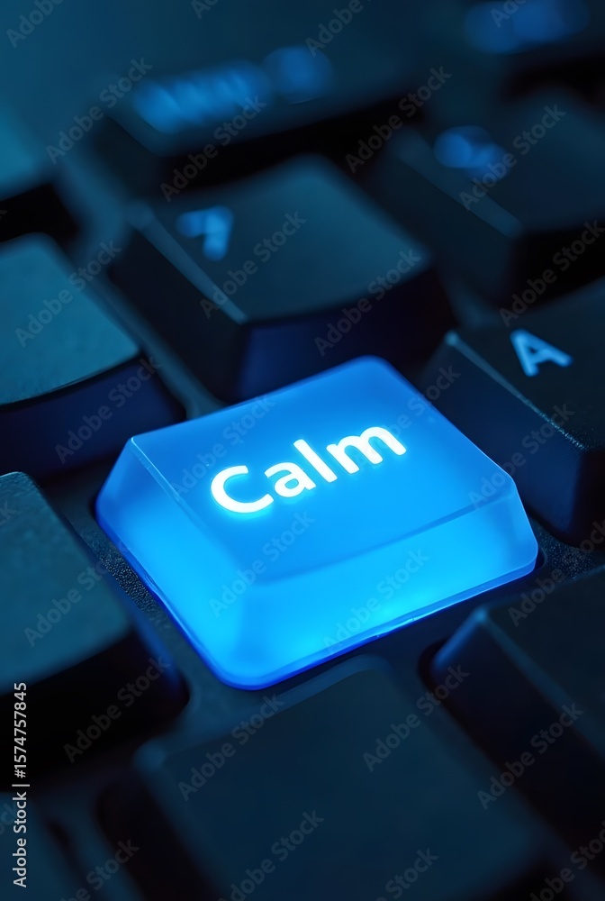 Poster glowing blue keyboard key with the word calm, vertical composition. a closeup shot emphasizing digit
