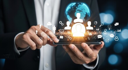 A businessman uses a smartphone for global business network connections