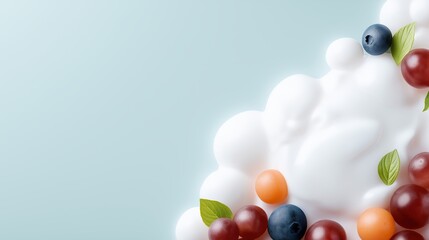 A beautiful arrangement of fresh fruit set against a soft blue background showcasing vibrant colors and nutritional benefits