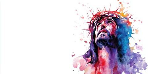 Powerful watercolor representation of jesus with a crown of thorns looking up in a reflective moment capturing suffering and redemption