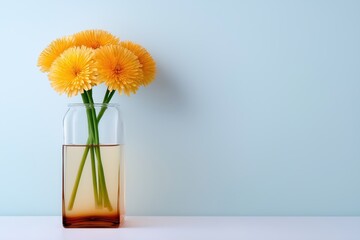 A professional studio shot of a beautiful vase filled with bright yellow flowers against a soft pastel background in high definition