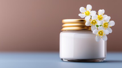 A jar of white and yellow flowers beautifully arranged in a professional studio shot against a soft pastel background in high definition
