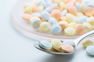 A spoon elegantly balancing colorful pills against a soft pastel background in a macro perspective highlighting health and wellness