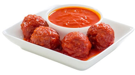 Delicious Homemade Meatballs in Marinara Sauce Served in a White Square Dish