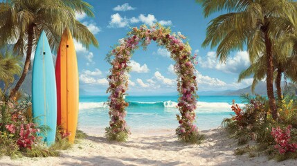 Beach wedding scene with surfboards, floral arch, waves, sand, palms, sky