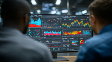 Two analysts review complex data visualizations on a large computer screen display