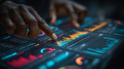 Finger touching digital screen displaying financial data and colorful graphs close up
