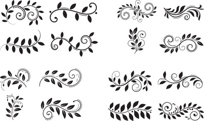 Collection of elegant black floral vine and leaf ornaments isolated on transparent background