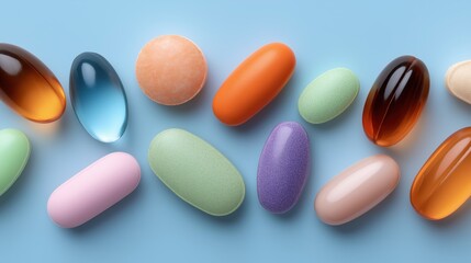 Close-up view of a variety of colorful pills displayed in an artistic manner against a soft pastel background highlighting their vibrant colors