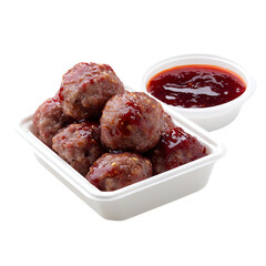Delicious Meatballs with Tangy Red Sauce in White Takeaway Containers for Culinary Promotions