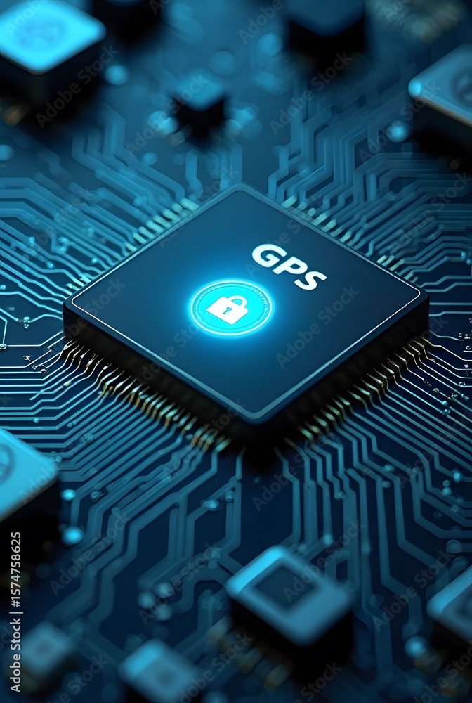 Poster secure gps technology depicted on a circuit board, vertical composition. a glowing padlock icon high