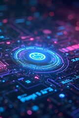 Abstract futuristic technology background, glowing neon circuit board with a central digital interface, vertical composition. Perfect for tech, science, and innovation projects.