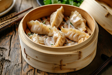 Chinese dumplings in a bamboo steamer on a wooden table 