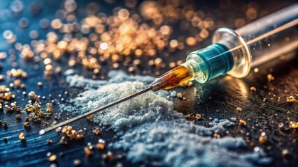 A close-up of a syringe resting on a surface with sparkling particles, suggesting themes of healthcare, substance, and potential dangers.