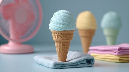 Pastel cone beside mini fan and folded napkin, clean backdrop