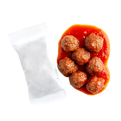 Delicious Meatballs in Rich Red Sauce with a Sealed White Packaging
