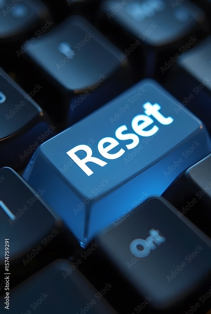 Poster a glowing blue reset button on a dark keyboard, vertical composition. the image offers a striking co