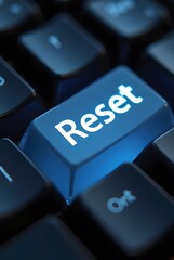 A glowing blue Reset button on a dark keyboard, vertical composition. The image offers a striking contrast and symbolizes technological refresh.