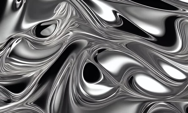 A close-up of the silver liquid texture, with a metallic sheen and smooth curves creating an abstract background.