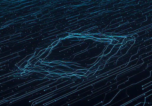 Abstract Data Flow Visualizing Network Connections in a Digital Landscape with Glowing Blue Lines and Geometric Shapes
