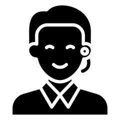Call Center Glyph Silhouette Black Icon Vector Design - Smiling male agent with headset, symbolizing customer service or technical support