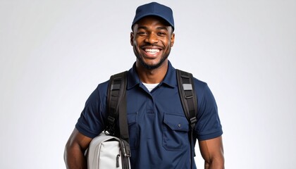 Smiling postal worker holds mail bag