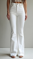Woman Wearing White Bell Bottom Jeans and Sandals in Studio Setting